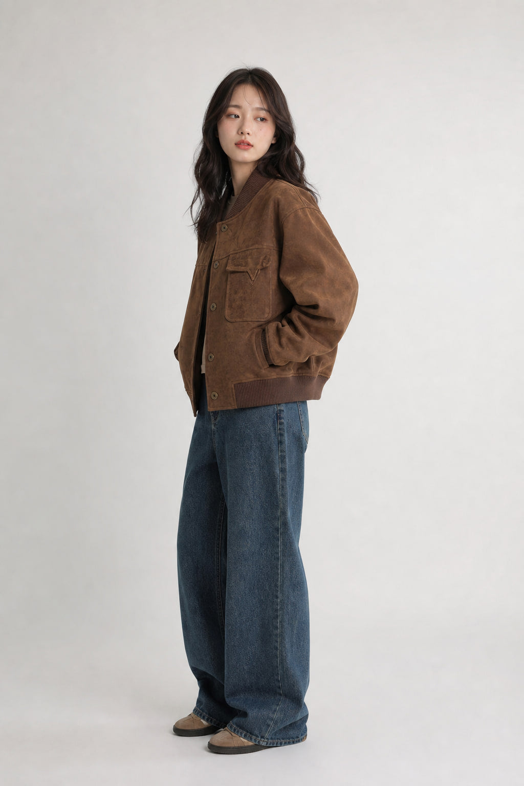 Blouson suédine marron vu de trois-quarts gauche, manche et poignet en bord-côte