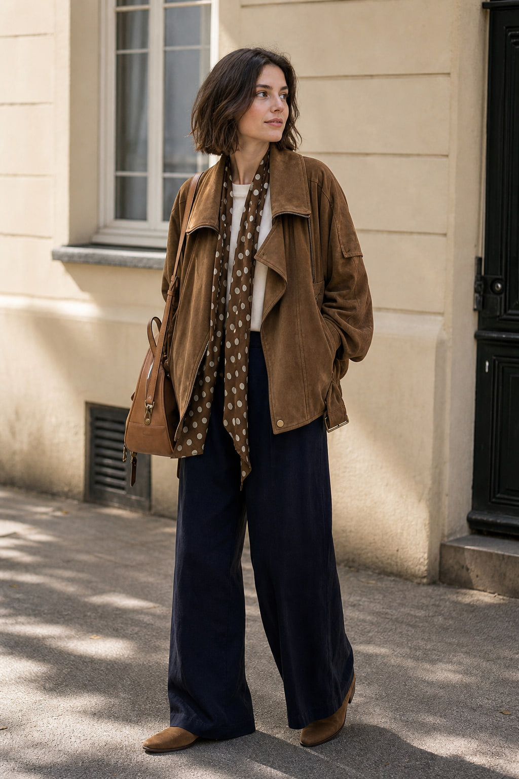 Blouson en suédine café porté en situation avec un pantalon large