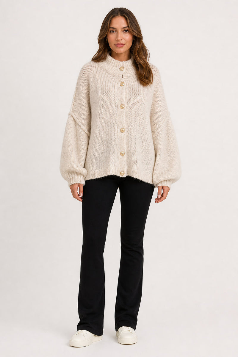 Cardigan oversize en maille de face, patte de boutonnage et bas côtelé
