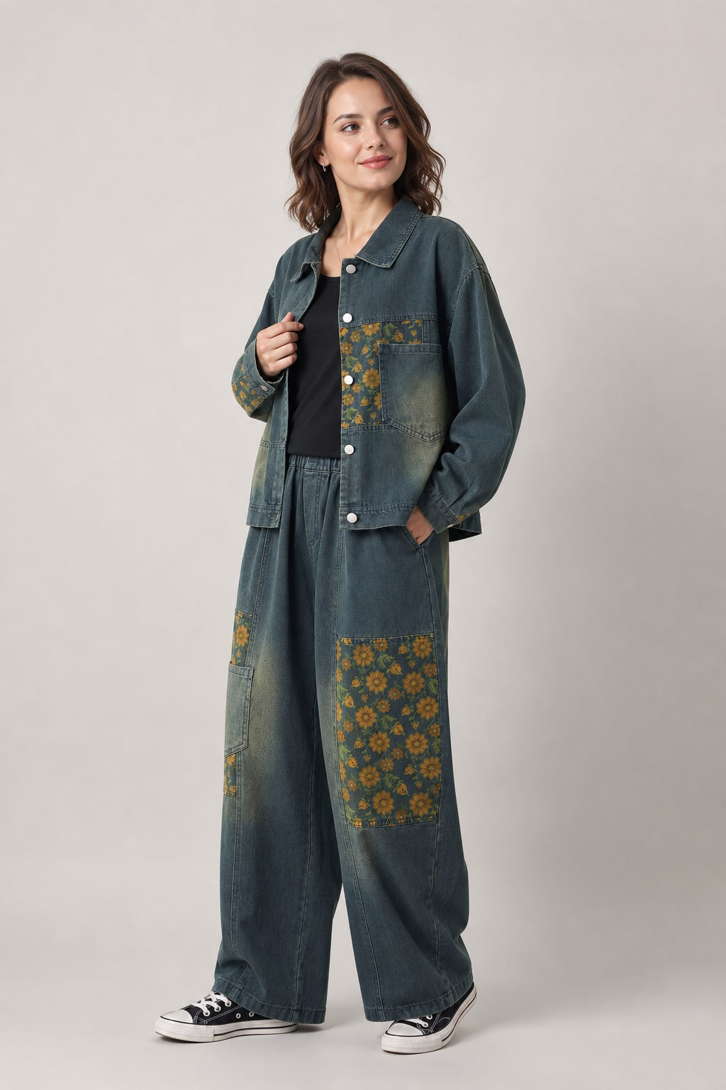 Ensemble denim vu de trois-quarts droite, empiècements imprimés fleuris et surpiqûres apparentes