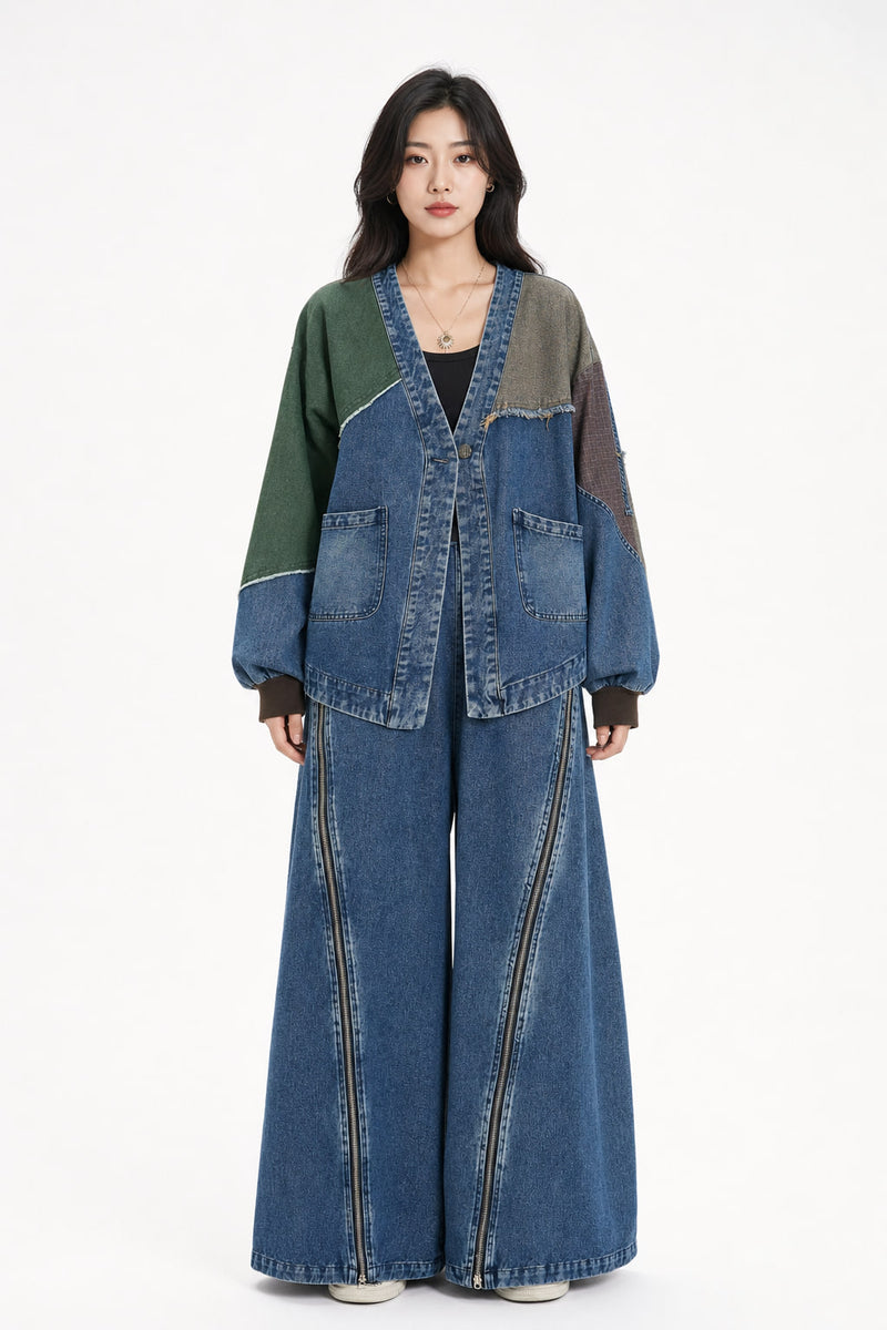 Ensemble denim bleu vu de face : veste patchwork oversize et pantalon large taille haute