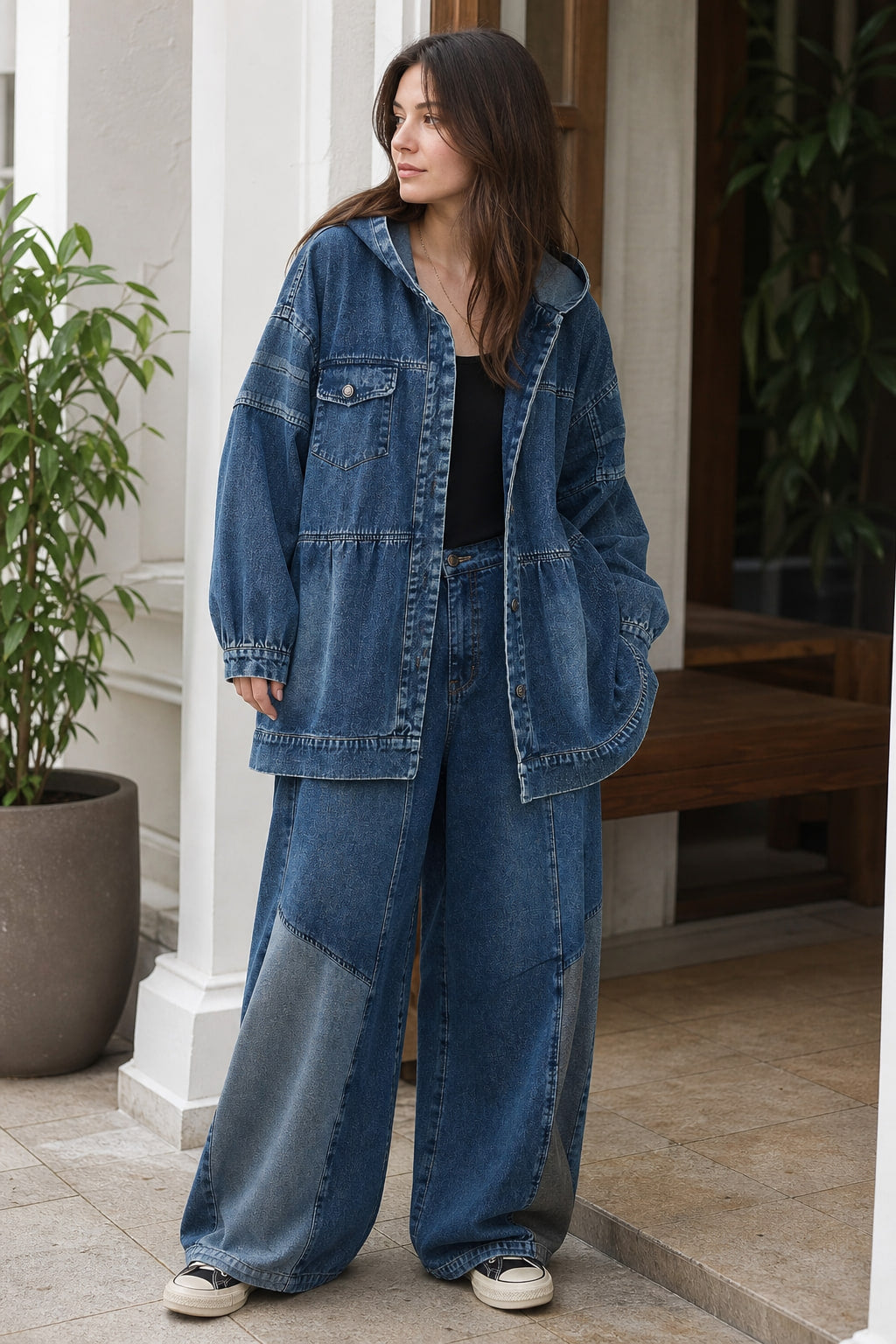 Ensemble denim porté en situation, total look oversize esprit workwear