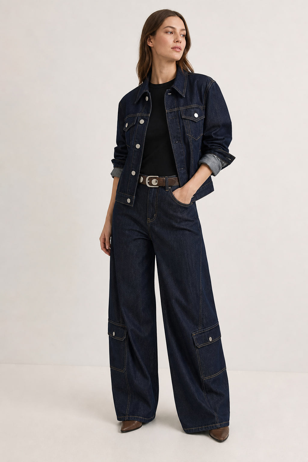 Jean cargo large en denim brut, vue de trois-quarts droite