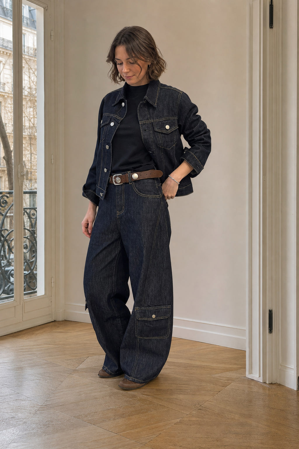 Jean cargo taille haute bleu foncé porté avec un haut ajusté, en situation urbaine