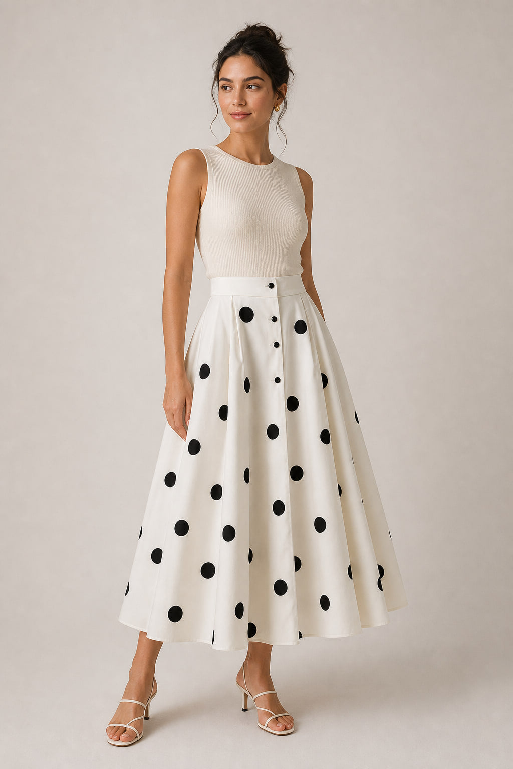Jupe longue à pois vue de trois-quarts gauche, fente latérale et poche dans la couture