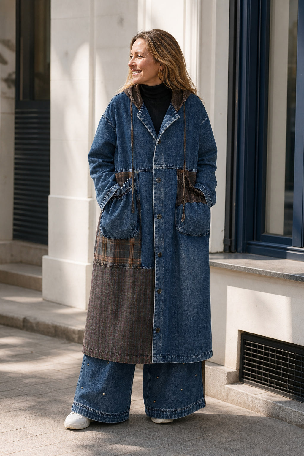 Manteau long en denim à capuche porté en situation, avec un jean droit et des bottines