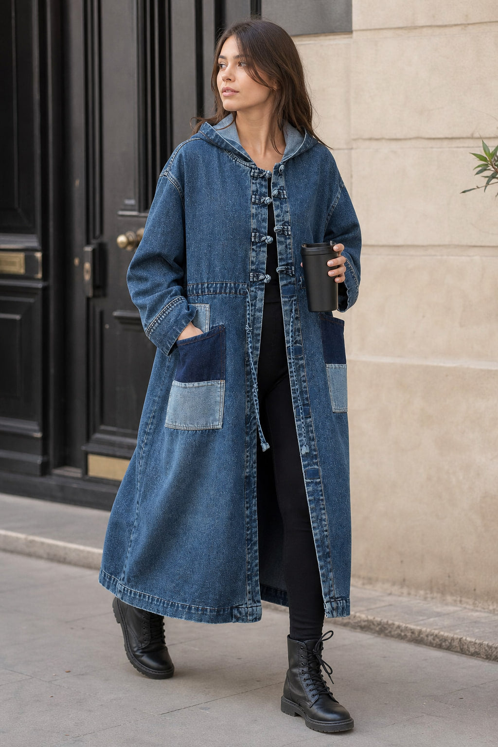Manteau en denim bleu porté en situation, capuche relevée sur un pantalon large
