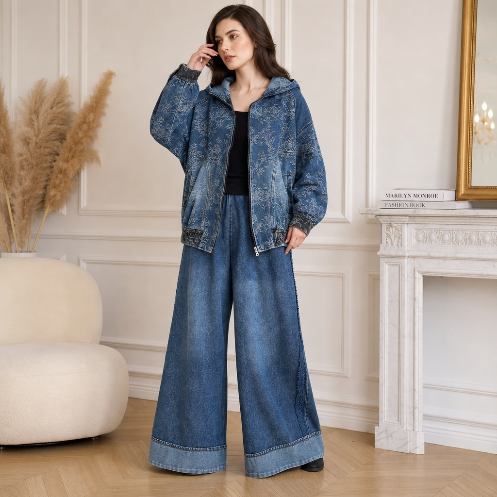 Ensemble denim jacquard fleuri veste et pantalon