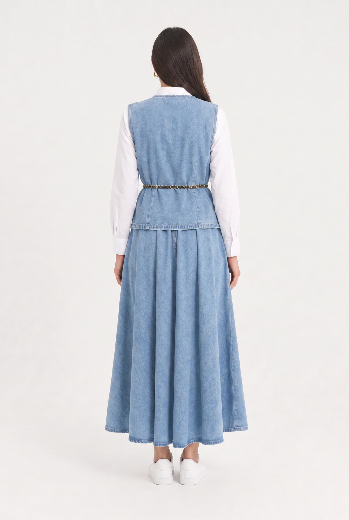 Denim set, sleeveless vest and long skirt