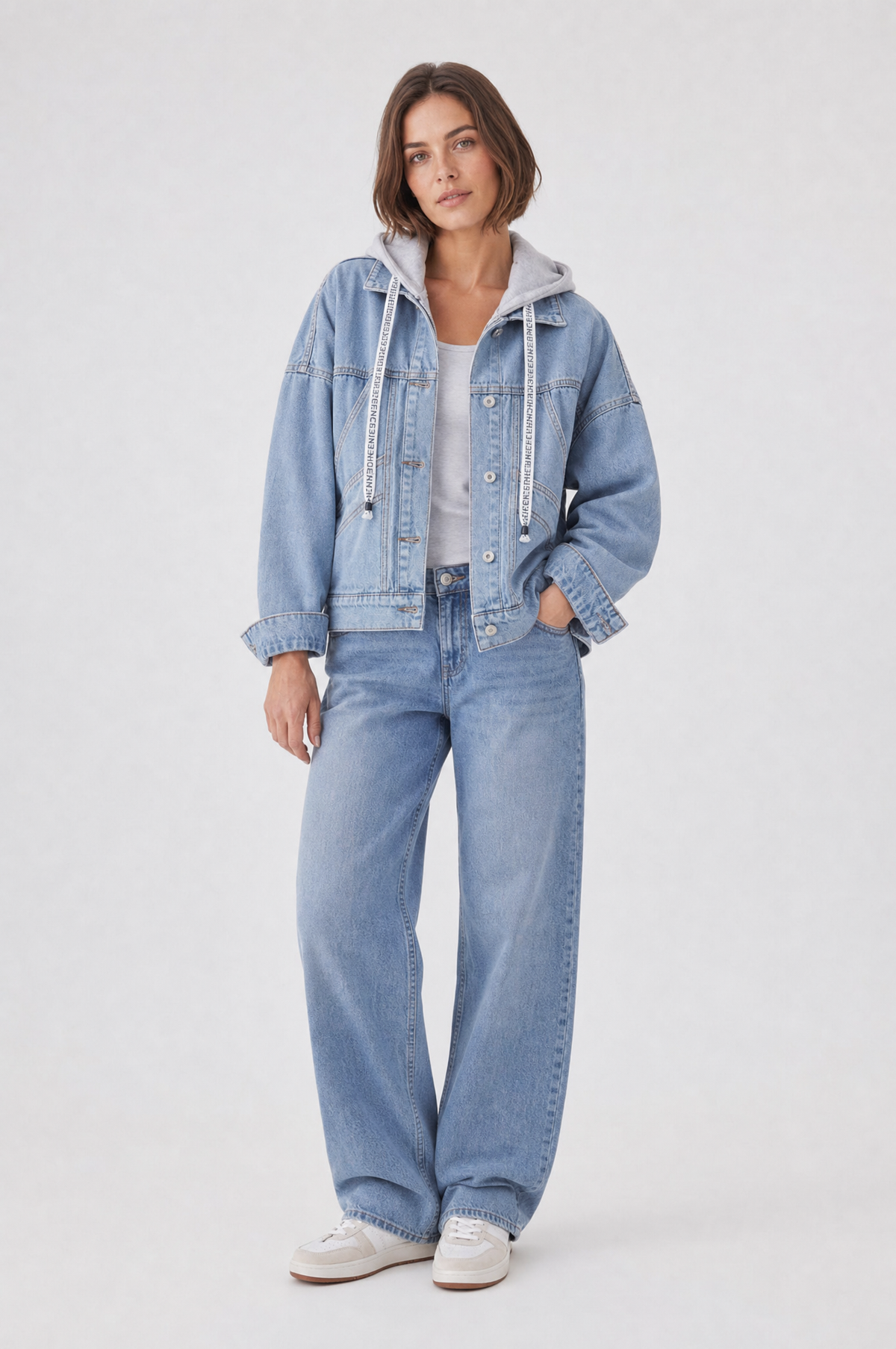 Denim jacket with a removable hood