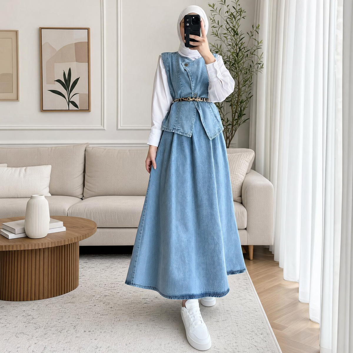 Denim set, sleeveless vest and long skirt