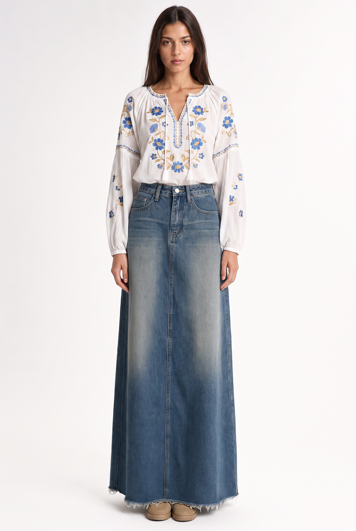 Jupe longue en denim délavé à ourlet frangé