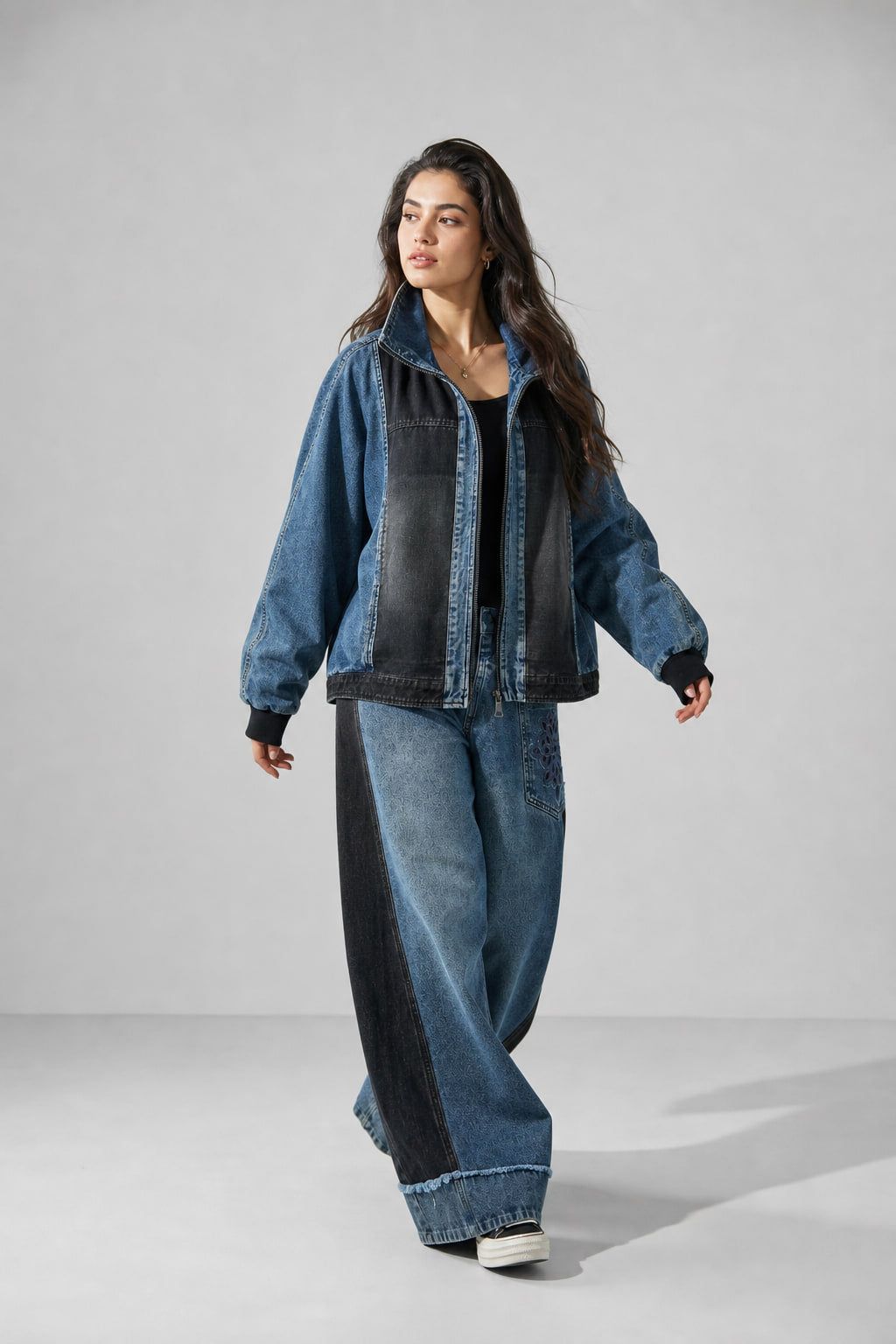 Ensemble denim bicolore veste et pantalon large