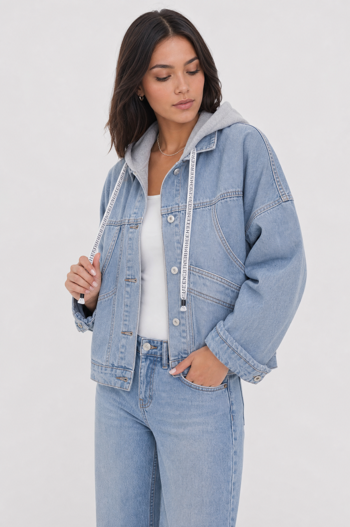 Denim jacket with a removable hood