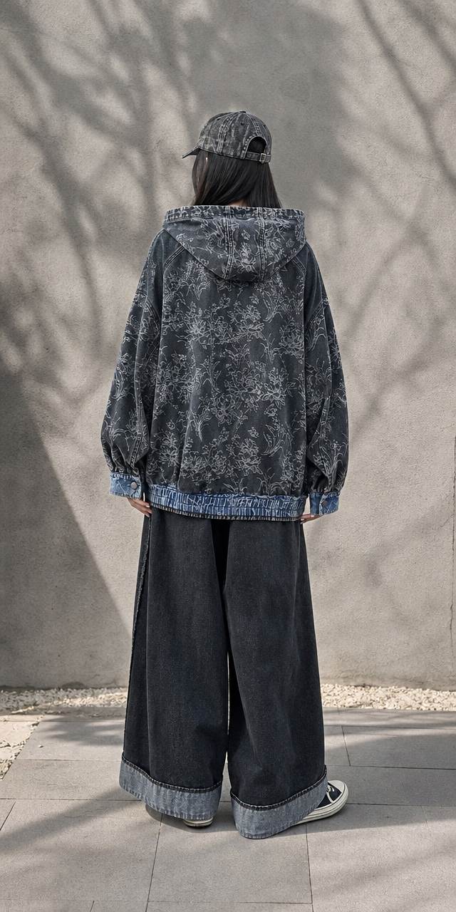 Ensemble denim jacquard fleuri veste et pantalon