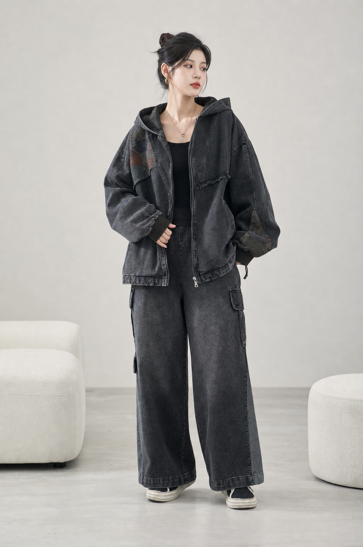 Denim set, hooded jacket and wide cargo pants