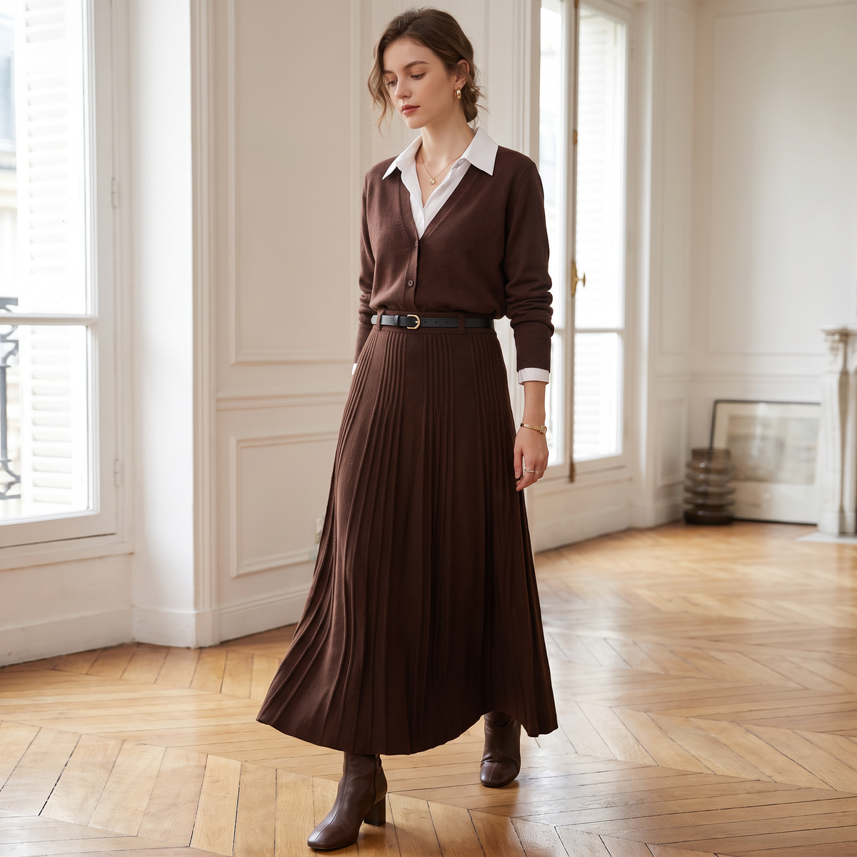 Jupe longue plissée en maille ceinturée