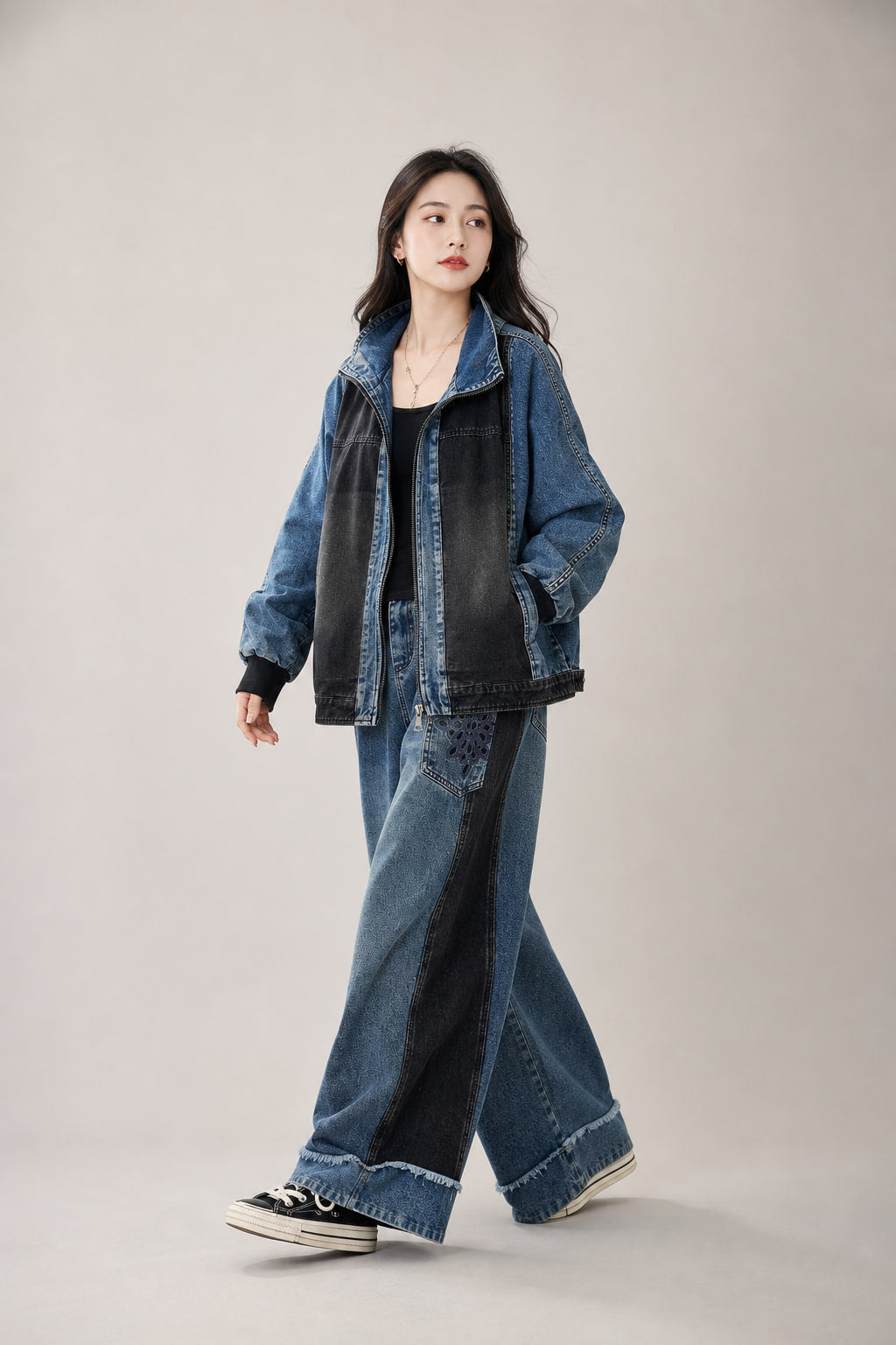 Ensemble denim bicolore veste et pantalon large