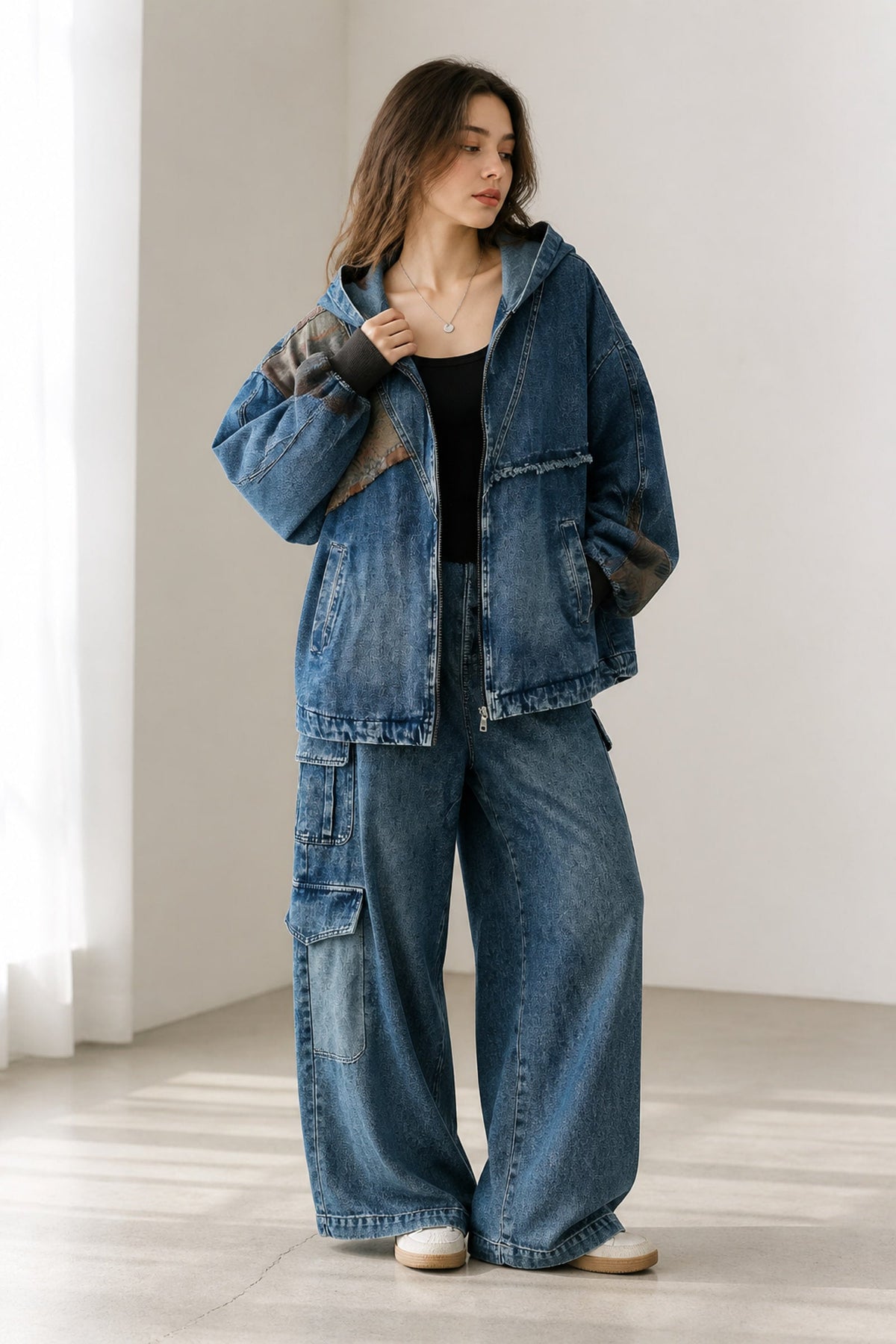Denim set, hooded jacket and wide cargo pants