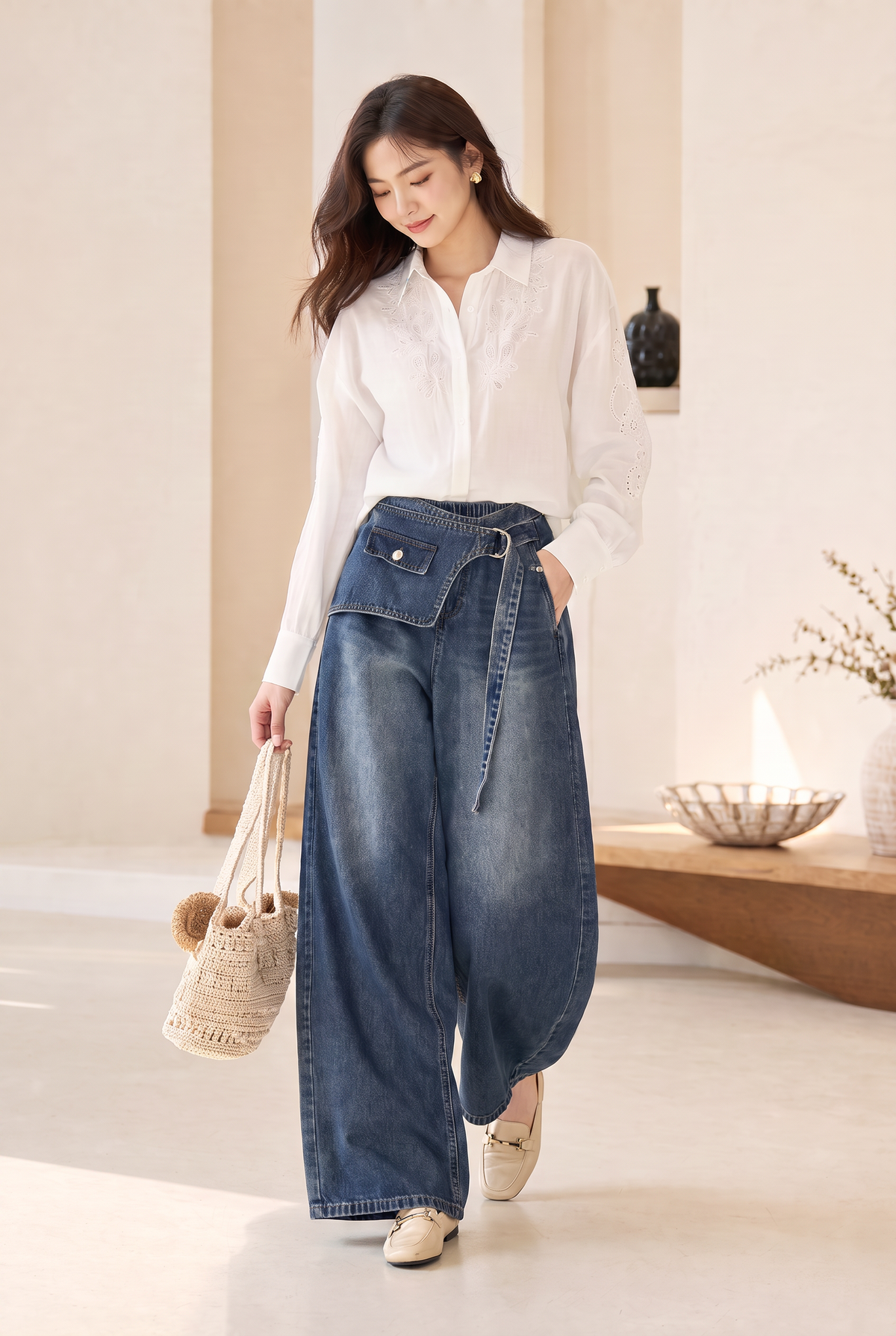 Jean large taille élastiquée à rabat