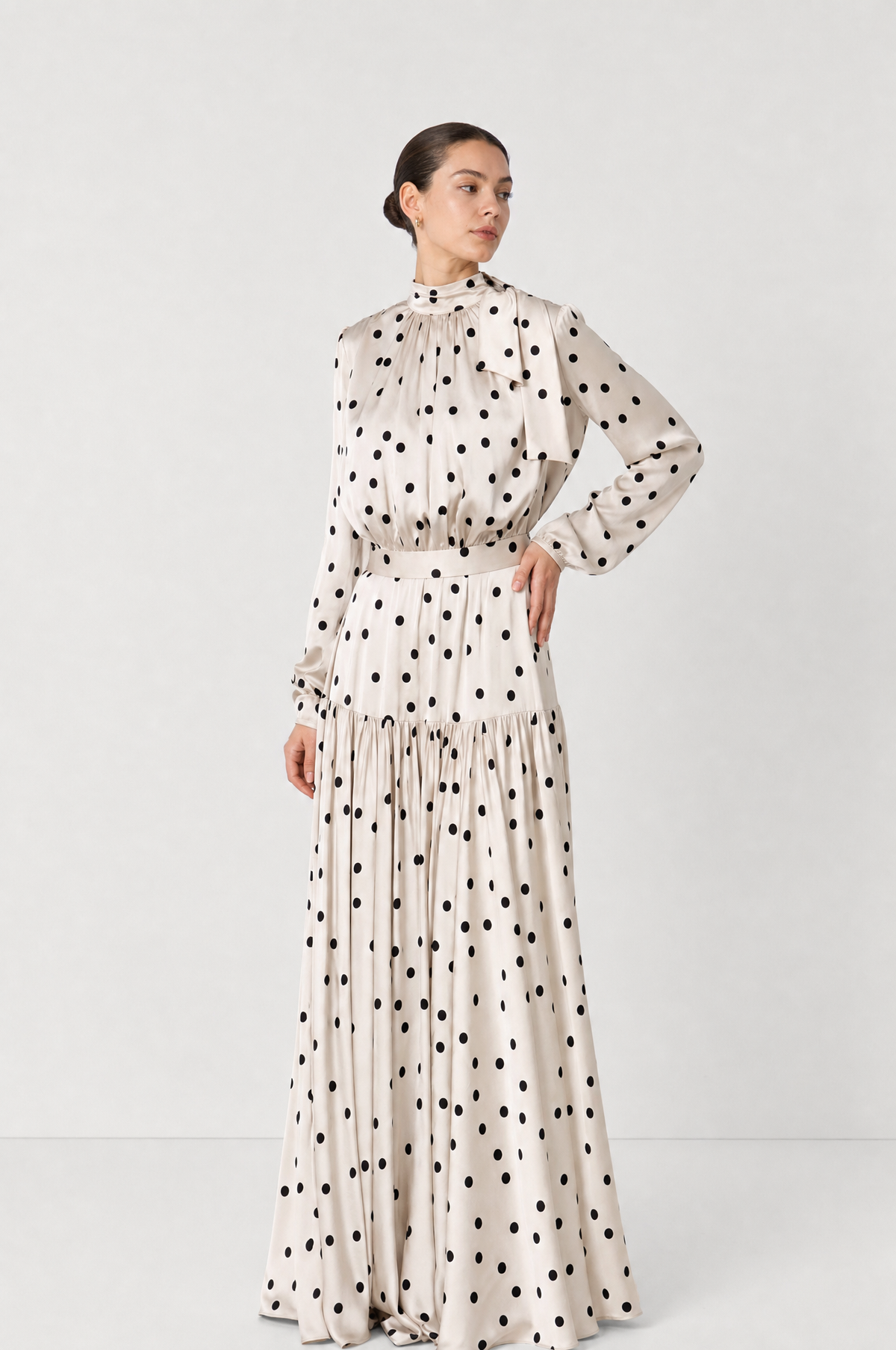 Long satin polka dot dress