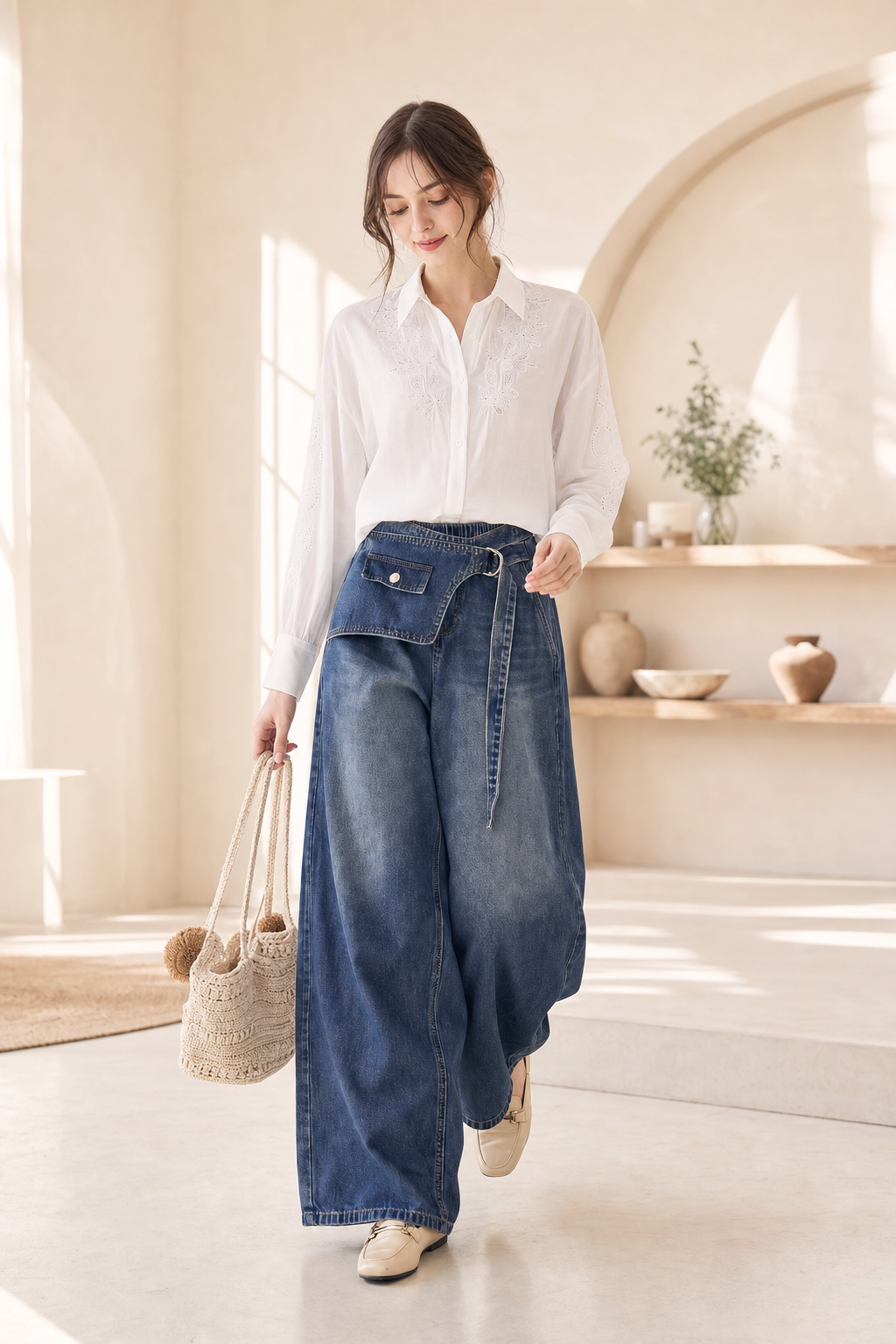 Jean large taille élastiquée à rabat