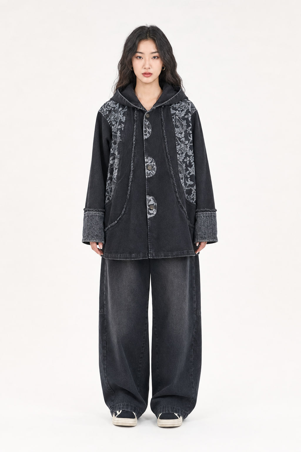 Ensemble denim veste à capuche doublée imprimée et pantalon large