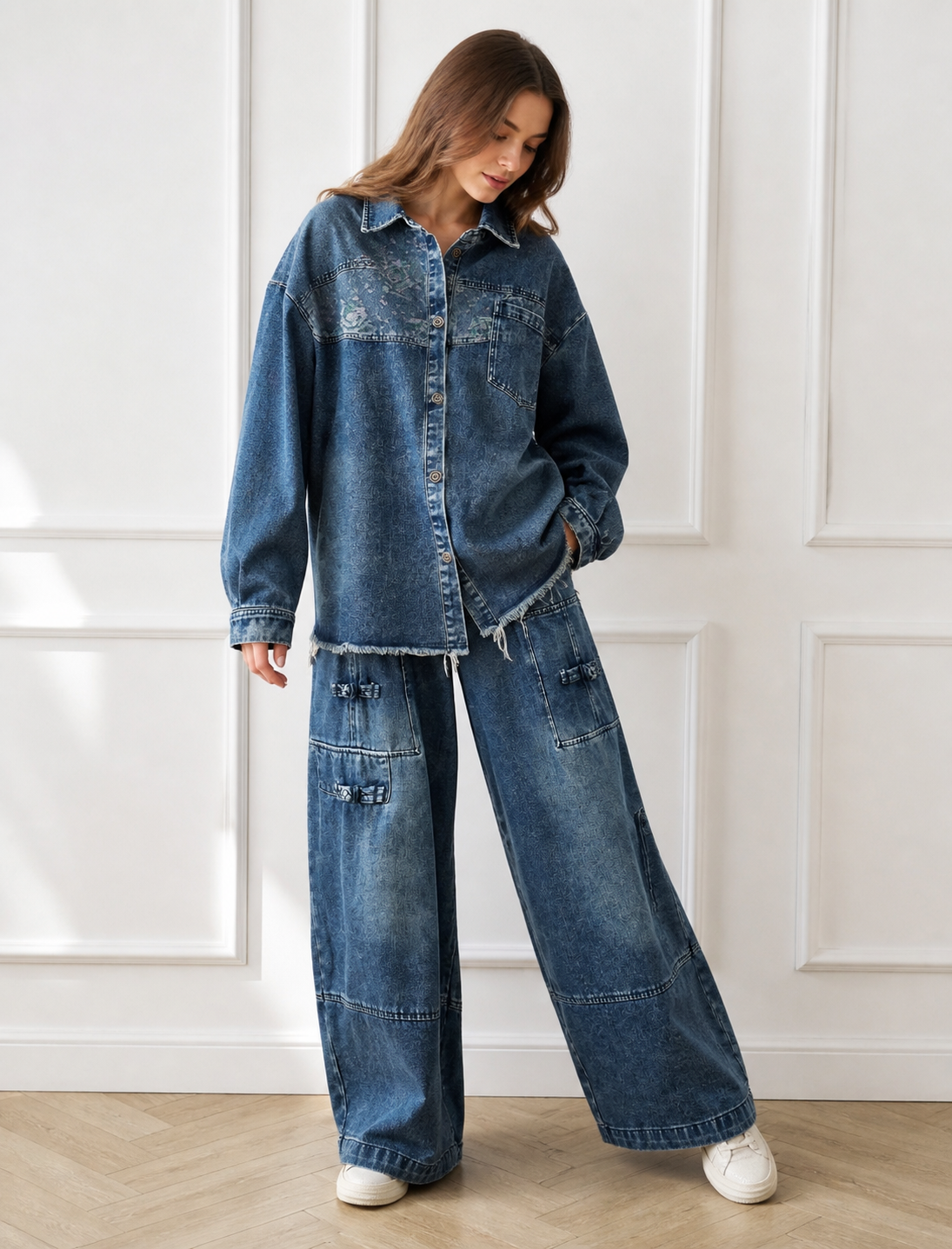 Ensemble denim surchemise frangée et pantalon large