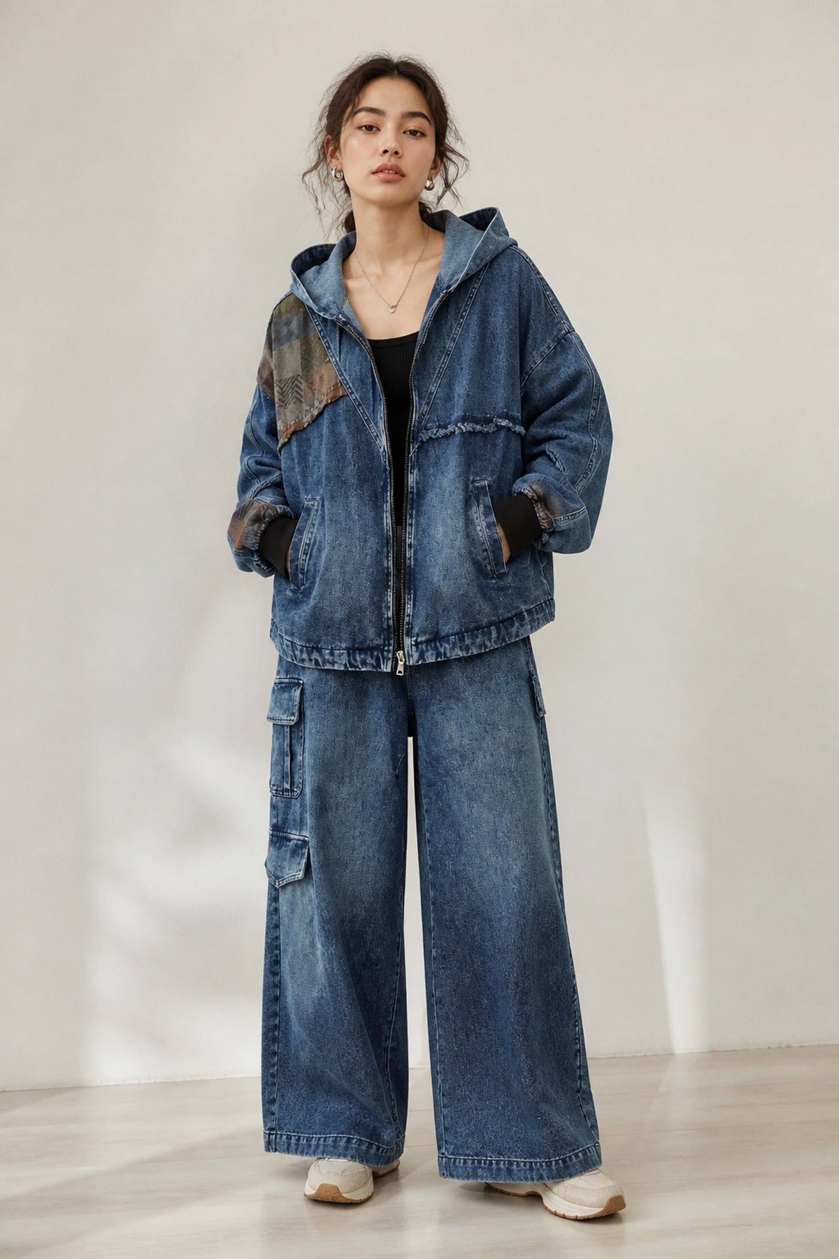 Denim set, hooded jacket and wide cargo pants