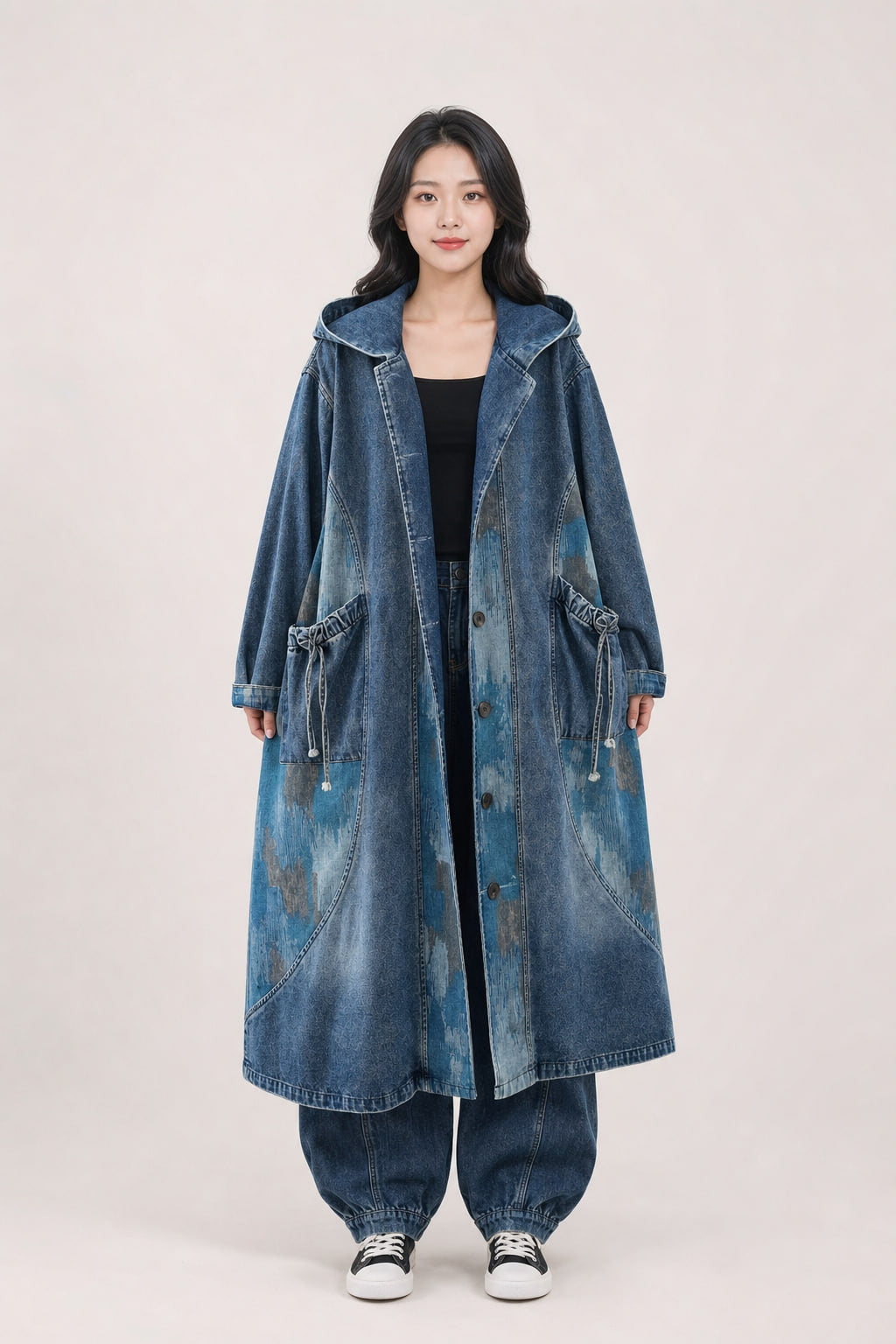 Manteau long en denim à empiècements effet peinture