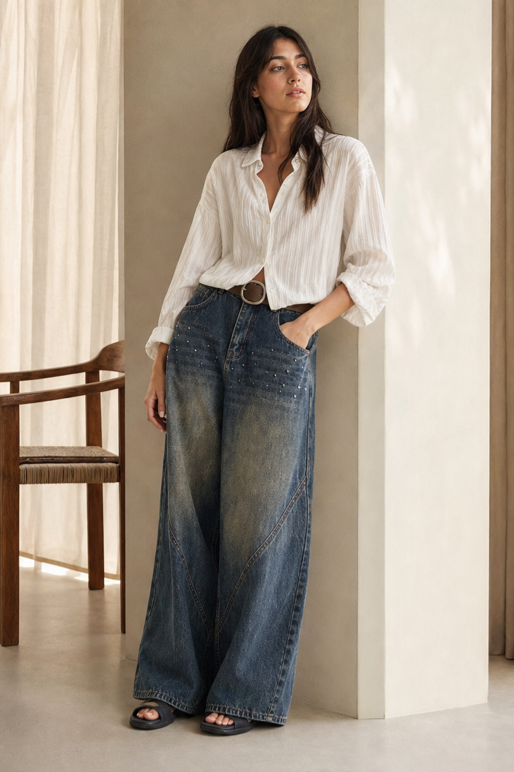 Jean barrel taille haute délavé gris ciment avec la ceinture.