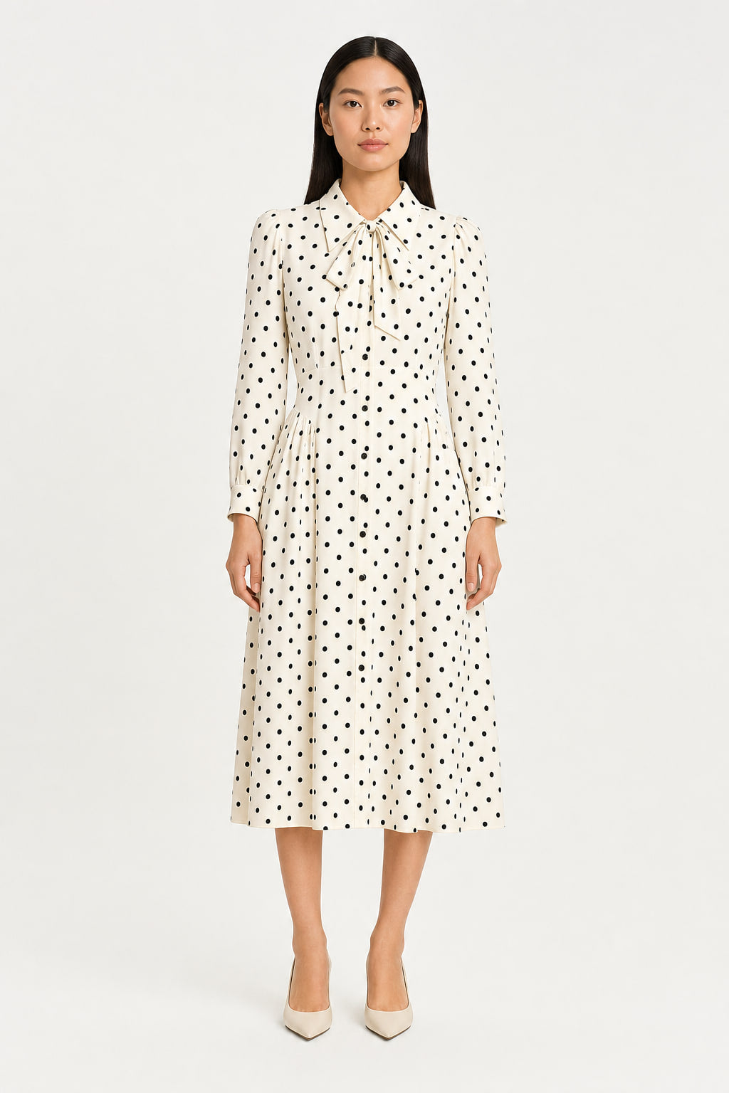 Robe chemise midi à pois portée de face, col lavallière noué et jupe évasée