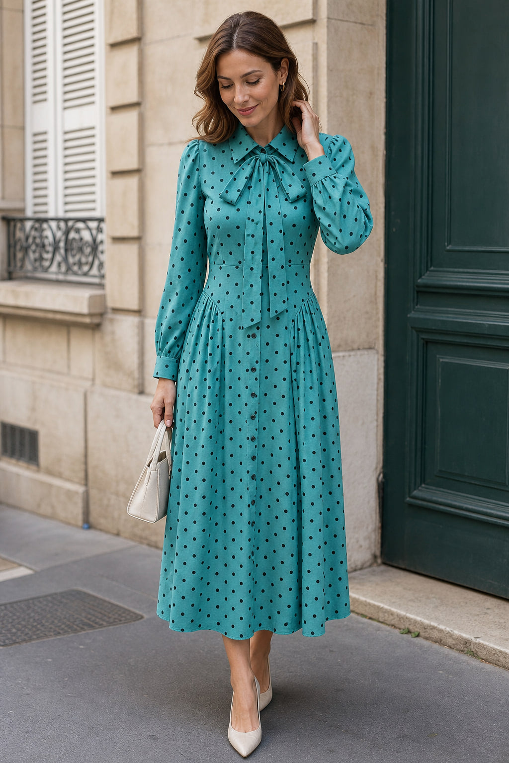 Robe chemise midi à pois portée en situation, silhouette complète avec accessoires