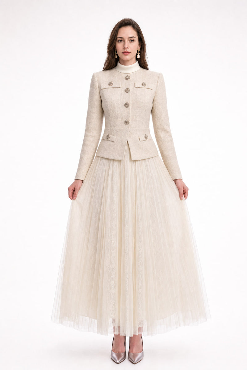 Robe longue effet deux-pièces en tweed abricot et tulle plissé, vue de face