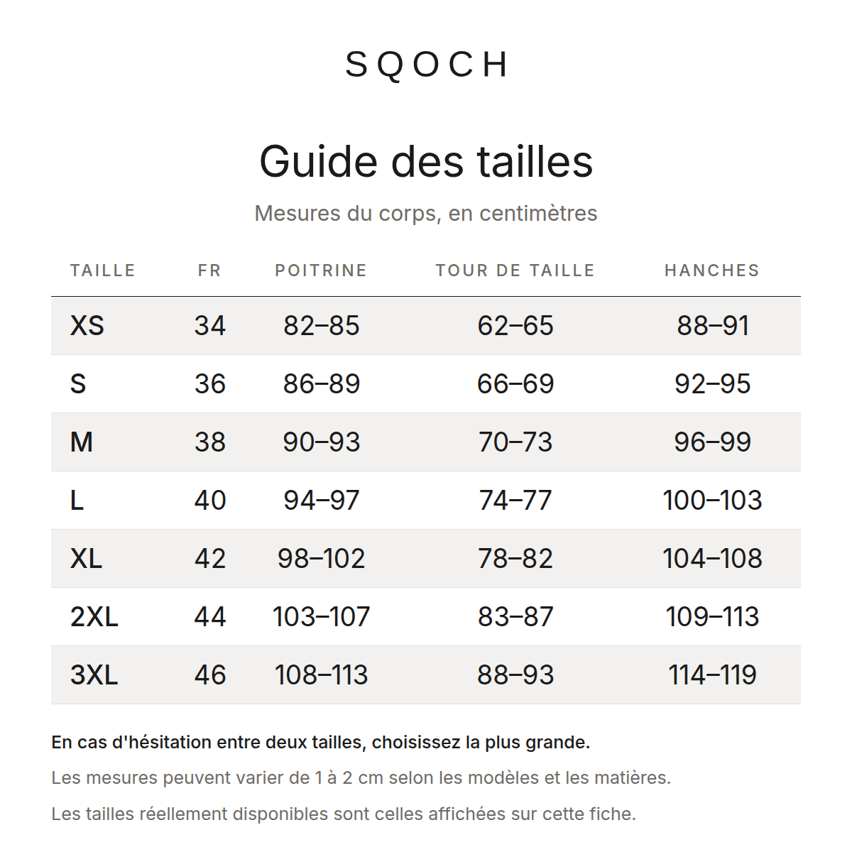 Guide des tailles SQOCH : mesures du corps en centimètres, du XS au 3XL.