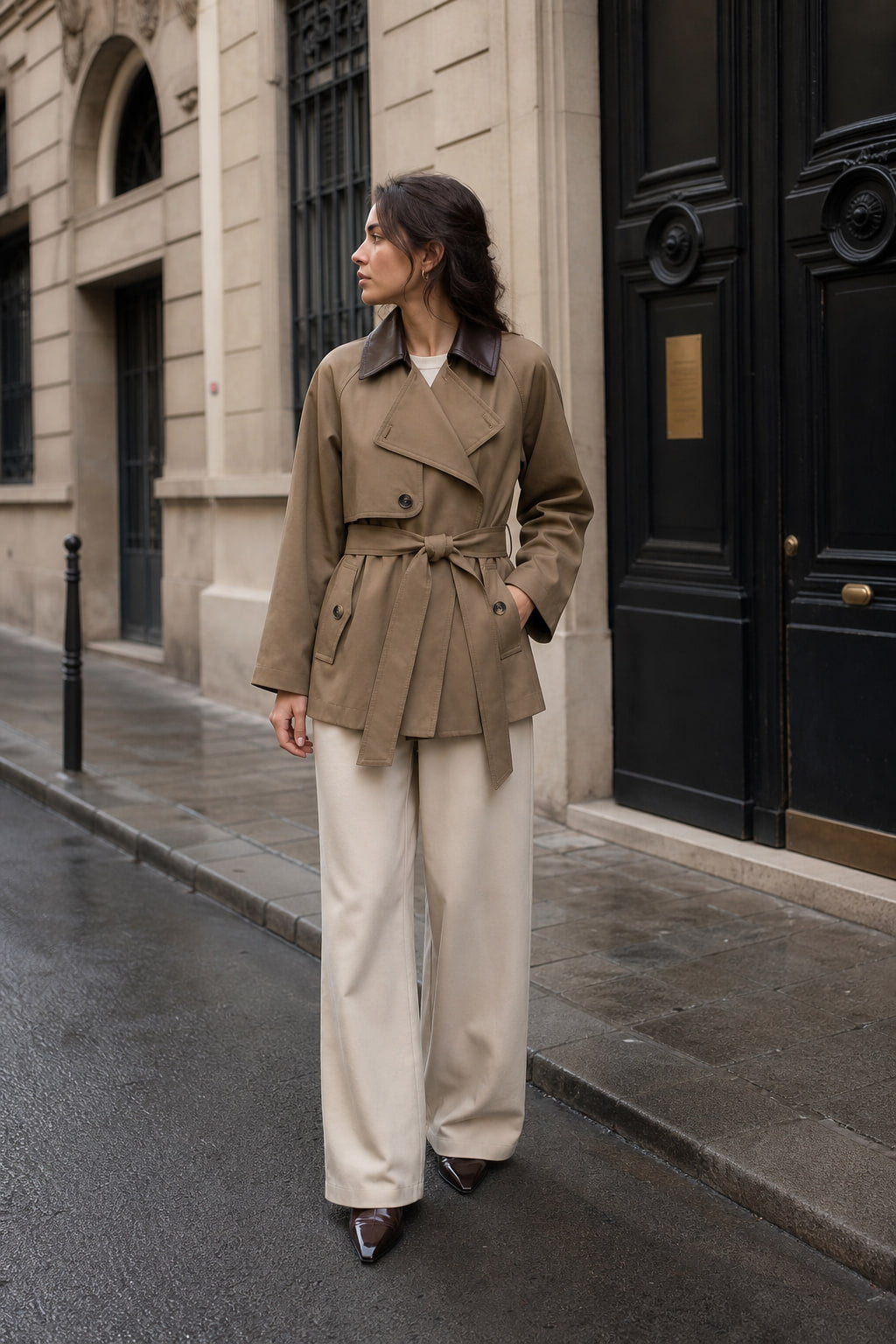 Trench court camel porté en situation urbaine sur un jean droit