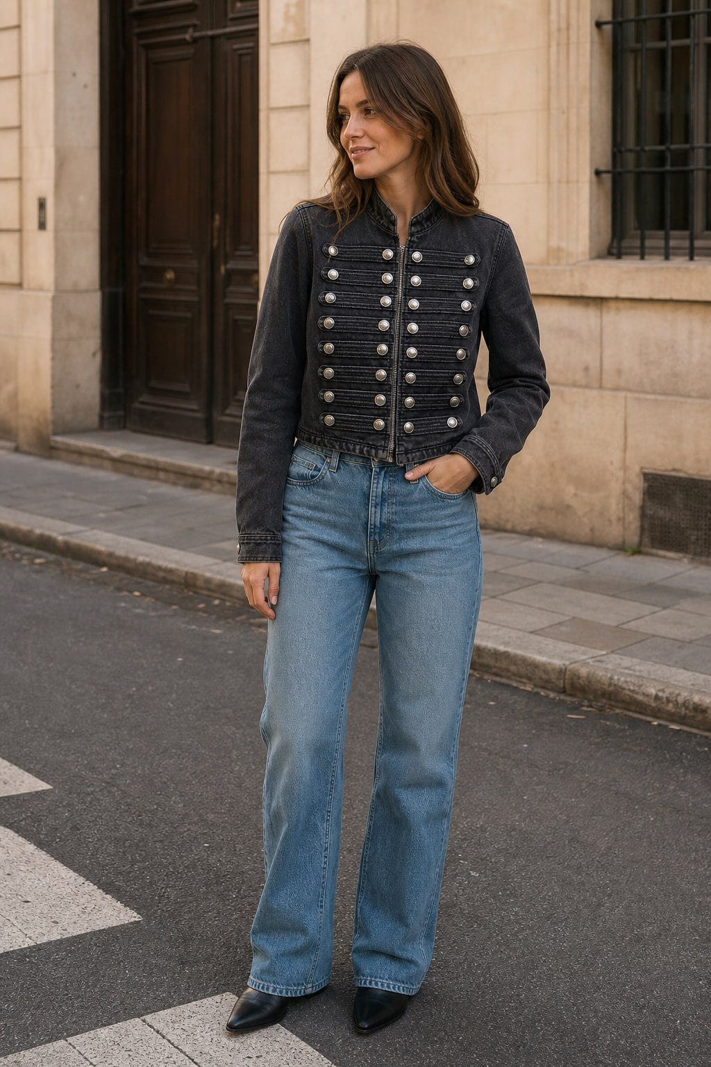 Veste en denim blanc portée en situation sur un pantalon taille haute
