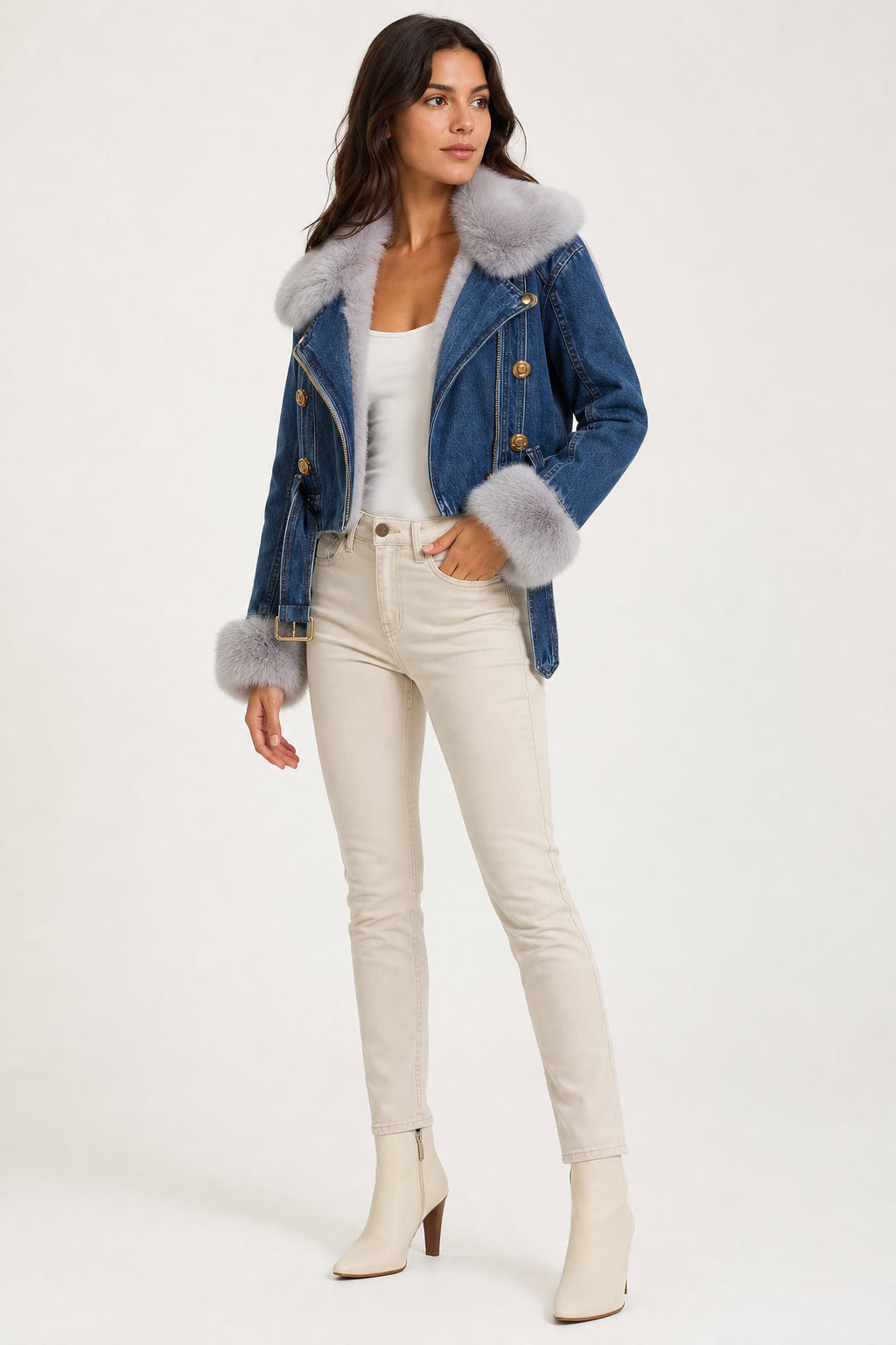 Veste en jean bleu à col fourrure, trois-quarts droite, languettes de taille à boucle