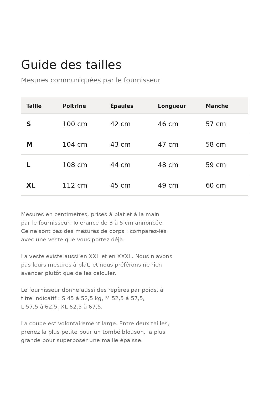 Guide des tailles : mesures à plat communiquées par le fournisseur du S au XL ; le XXL et le XXXL existent sans mesures