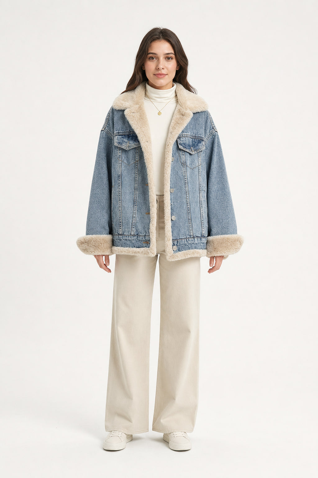 Veste en jean bleu délavé doublée fourrure synthétique, vue de face, poches poitrine à rabat