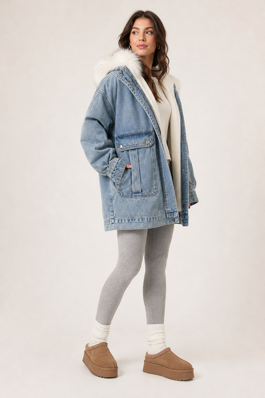 Veste en jean sherpa vue de trois-quarts droite, col fourrure en place