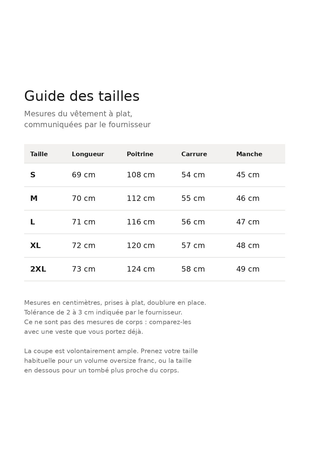 Guide des tailles : mesures du vêtement à plat communiquées par le fournisseur, du S au 2XL