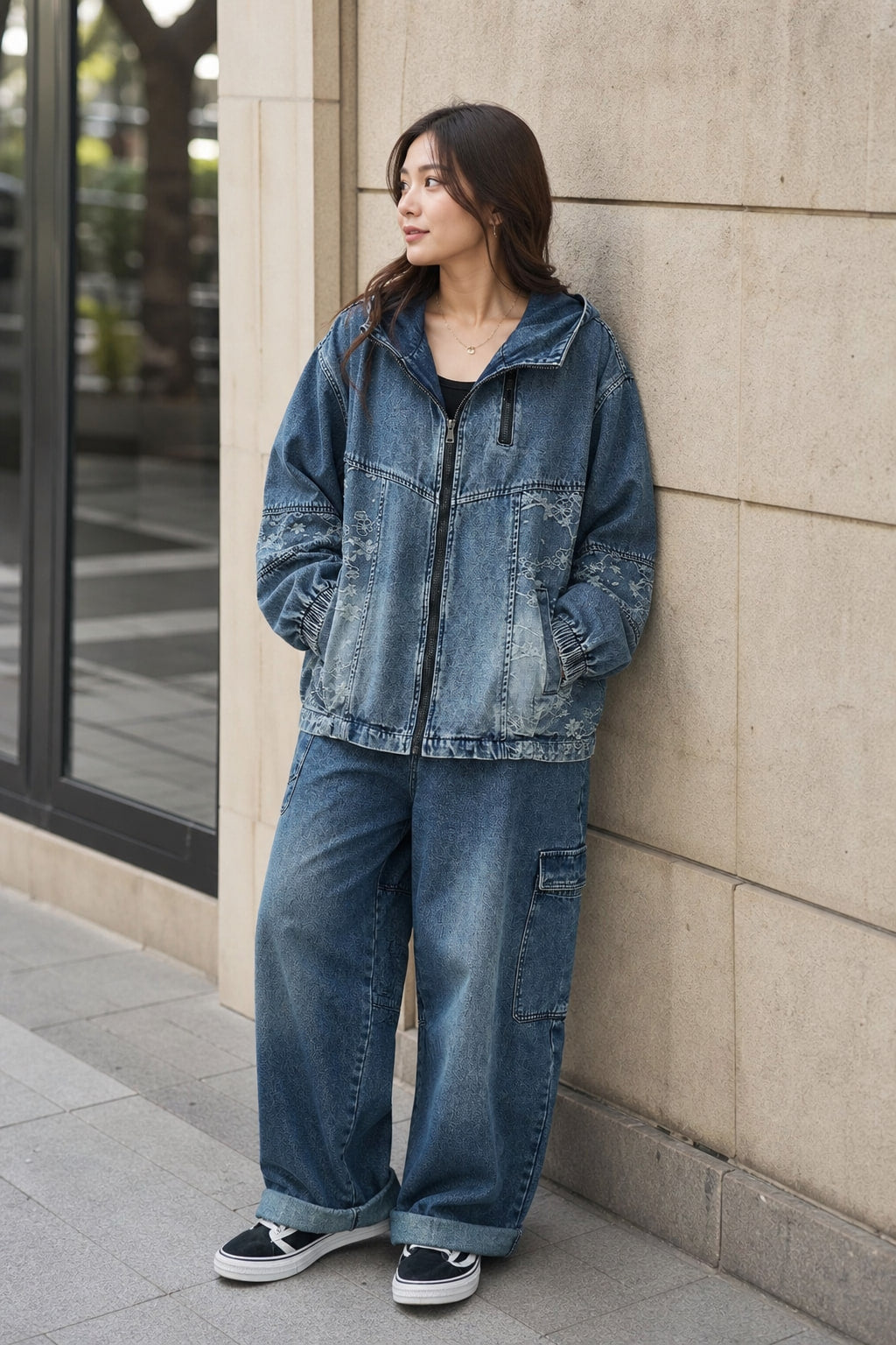Veste zippée en denim délavé portée en situation, allure streetwear