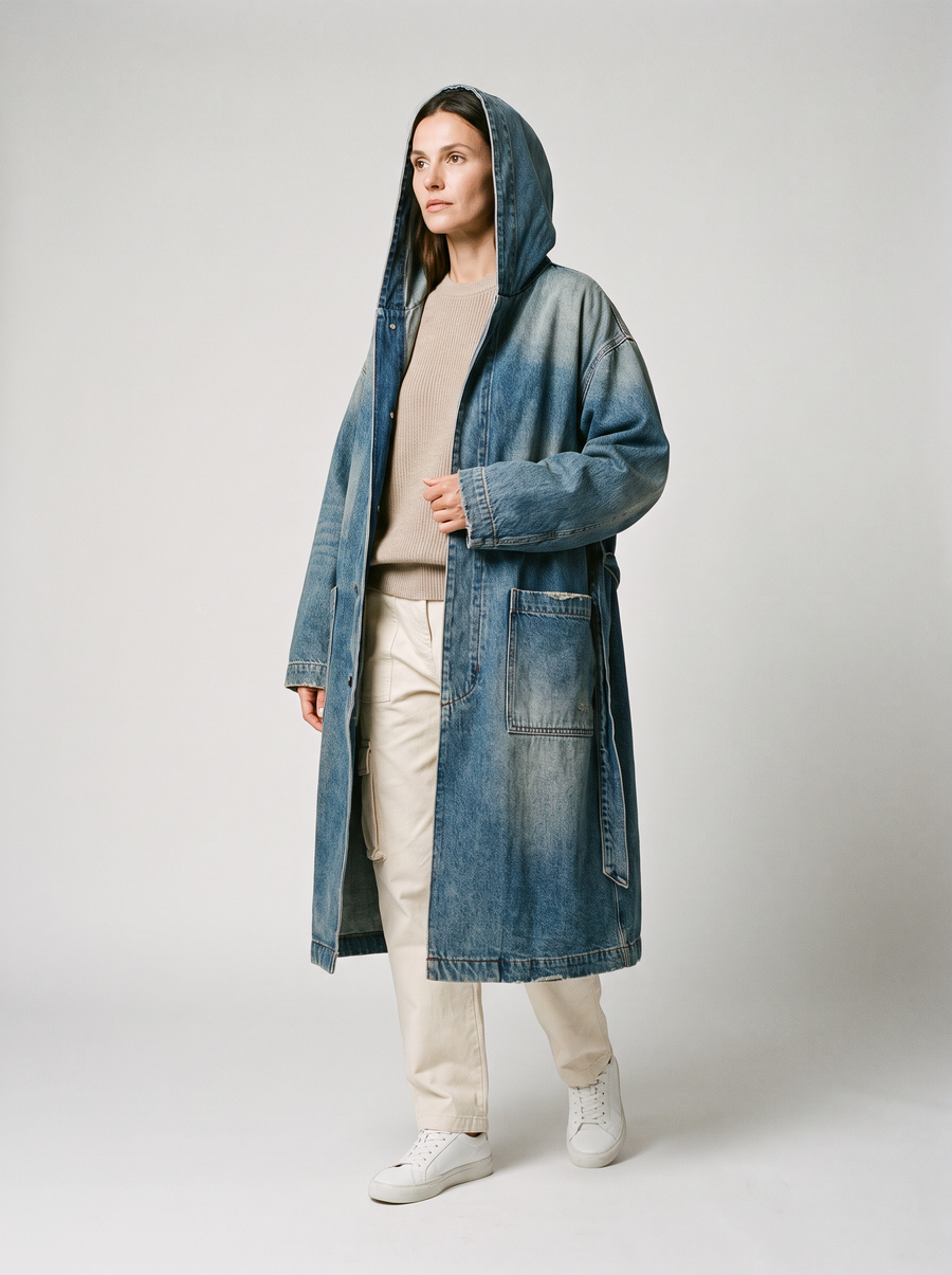 Vue trois-quarts droite du manteau long oversize en denim noir délavé