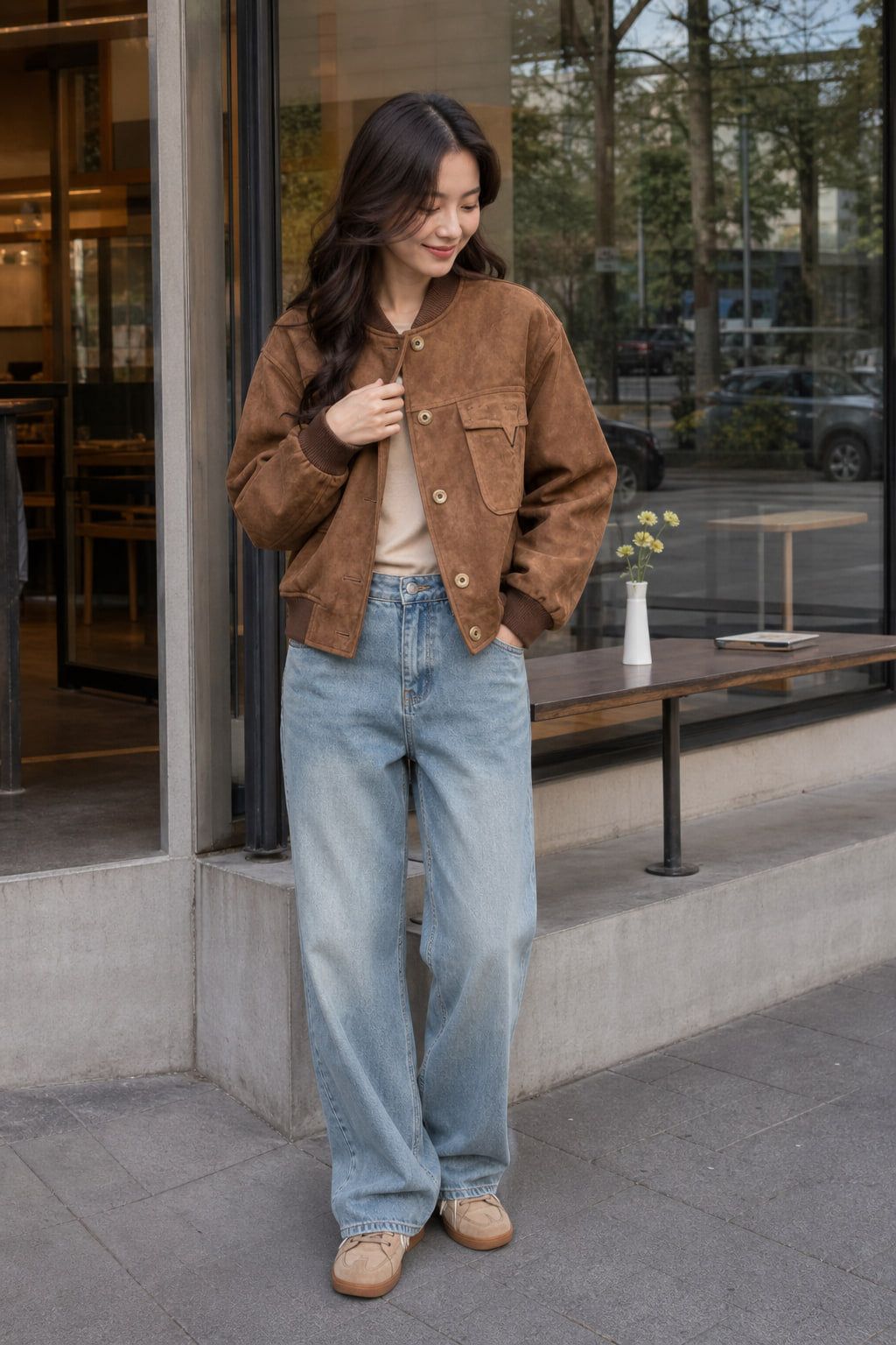 Blouson court en suédine marron porté en situation avec un jean large taille haute