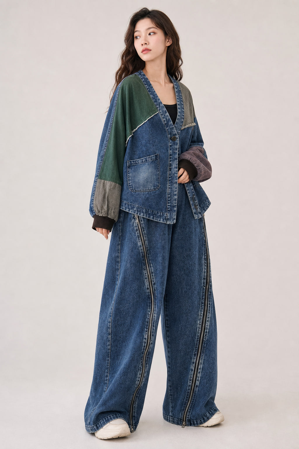 Ensemble denim de trois-quarts gauche, manches ballon et poignets en bord-côte