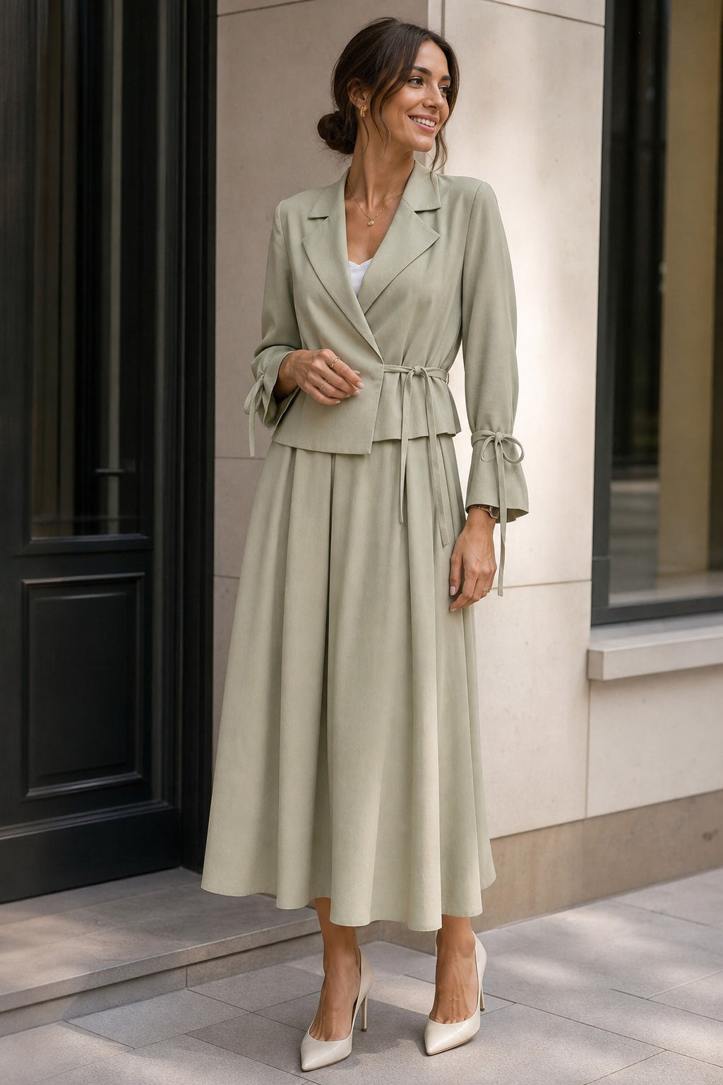Ensemble veste et jupe longue porté en situation, silhouette couvrante et habillée