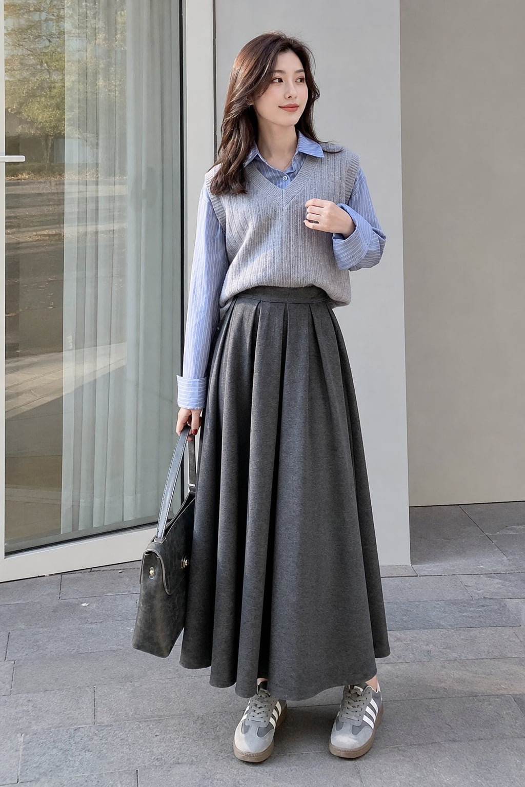 Jupe plissée taille haute portée en situation avec un haut rentré et des bottines