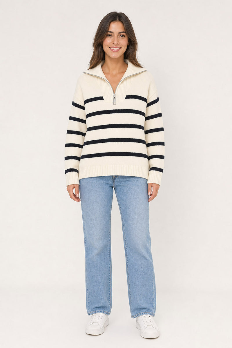 Pull rayé col camionneur zippé vu de face, maille de viscose
