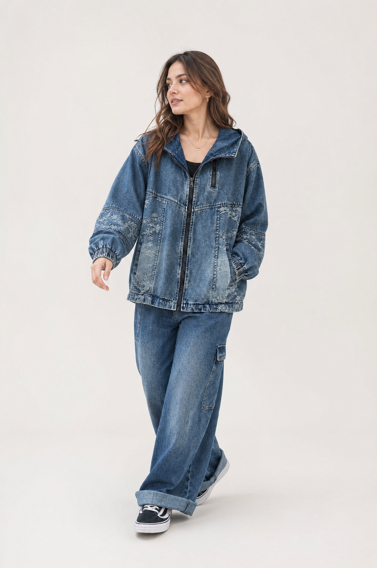 Denim set, zip-up hooded jacket and wide trousers